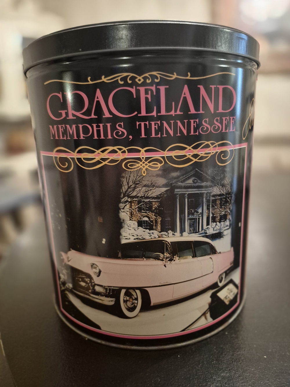 Vintage Elvis Presley Graceland Memphis Tennessee Round Popcorn Tin / Can